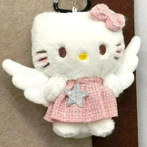 Hello kitty cute pink keychain plush wings bow white dress bag backpack womens